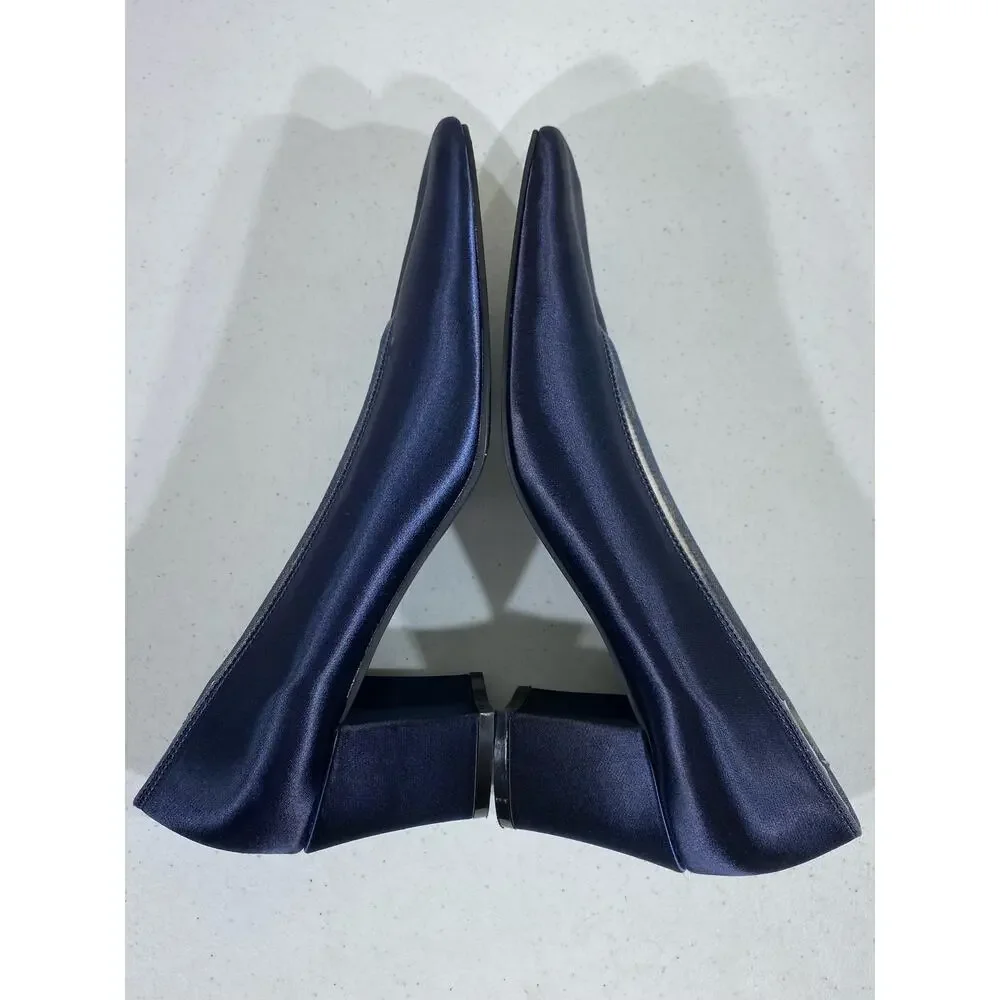 Coloriffics Silver‎ Slipper Vintage Navy Blue Satin Block Heels Womens Size 9.5